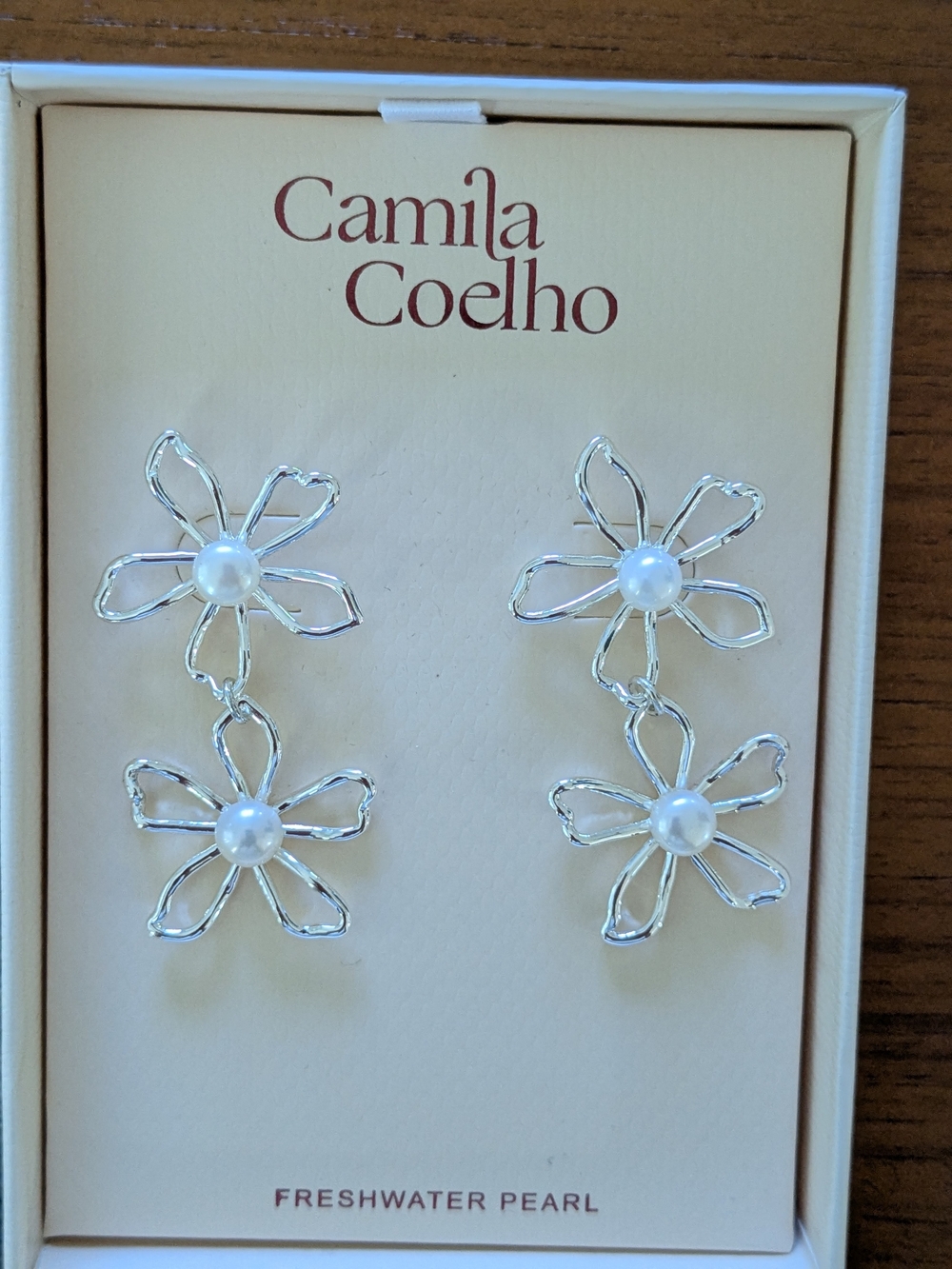 Camila Coelho Silver Double Daisy Drop Earrings with White Pearls NEW